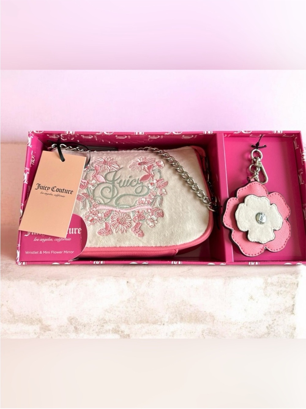Juicy Couture Pink & Cream Floral Embroidered Wristlet with Flower Charm NIB
